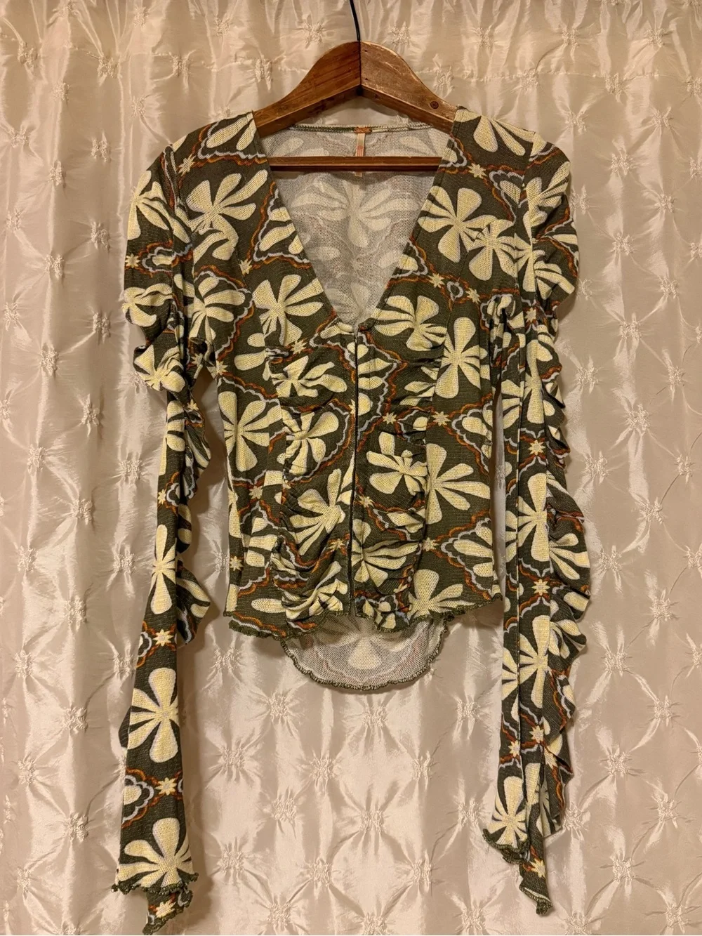 Free People Through The Meadow Ruched Mesh Top Boho V-Neck Cream Floral Green